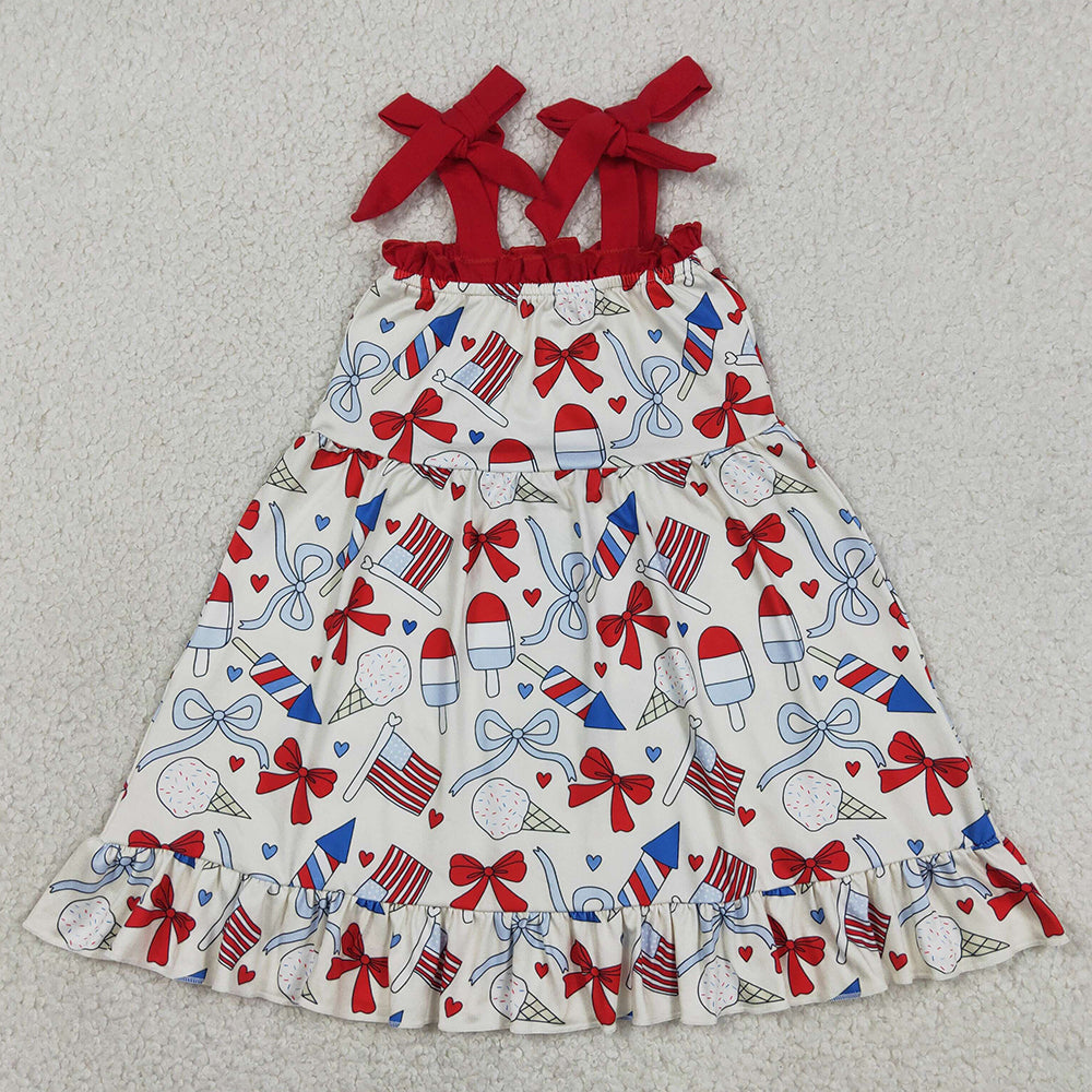 Baby Girls Clothes Strap Red Blue Bows Popsicle 4th of July Ruffle Knee Length Dresses GSD3723