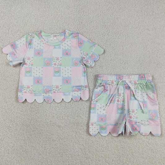 Baby Girls Clothes Colorful Flowers Checked Top Scallop Shorts Clothes Sets GSSO3229