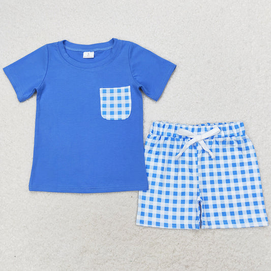 Baby Boys Clothes Blue Shirt Top Checkered Pockets Shorts Clothes Sets BSSO0865