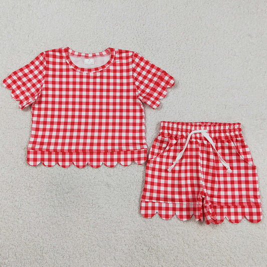 Baby Girls Clothes Red Checked Shirts Top Pockets Short Scallop Clothes Set GSSO3187