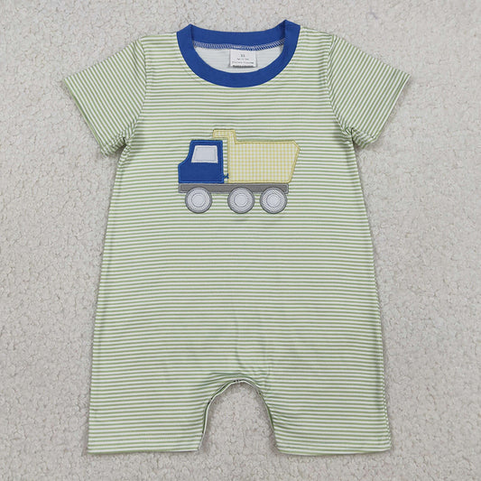 Baby Boys Rompers Embroidery Tractors Short Sleeve Green Stripe Rompers SR3893