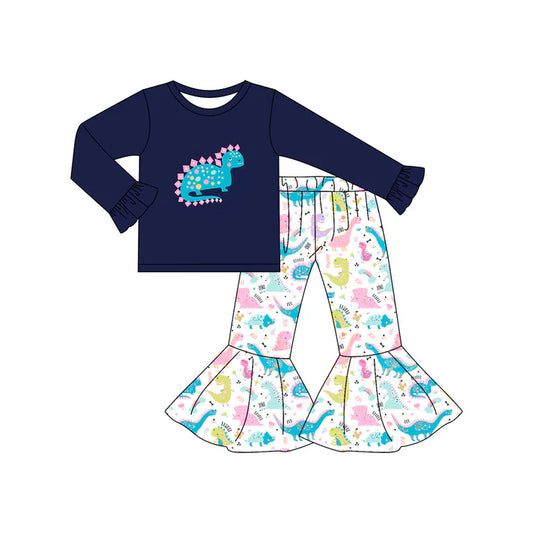 Preorder (moq 5)Baby Girls Navy Dinosaur Top Bell Bottom Pants Clothes Sets 7.21