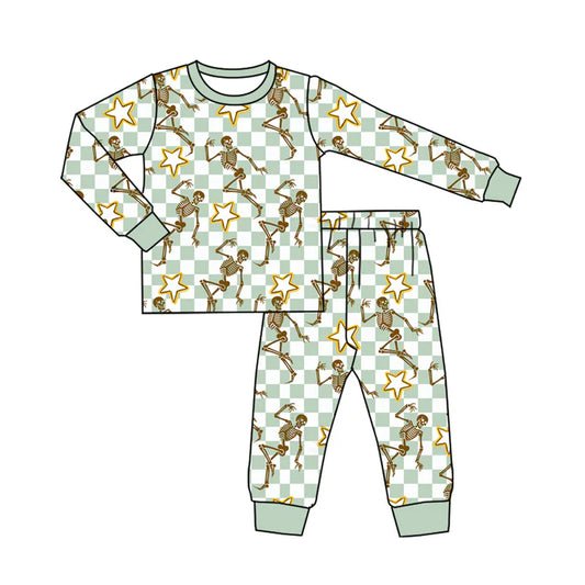 Preorder (moq 5)Baby Boys Aqua Plaid Skulls Stars Top Pants Halloween Pajamas Set 7.31