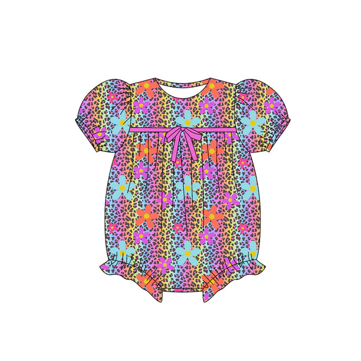 Preorder (moq 5)Baby Girls Short Ruffle Sleeves Colorful Leopard Flowers Rompers 5.23