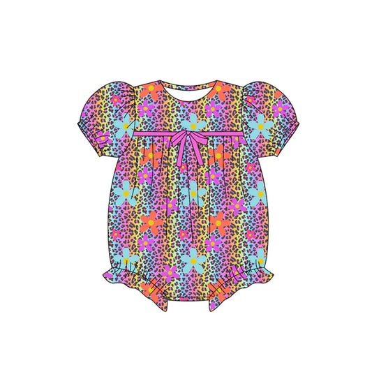 Preorder (moq 5)Baby Girls Short Ruffle Sleeves Colorful Leopard Flowers Rompers 5.23