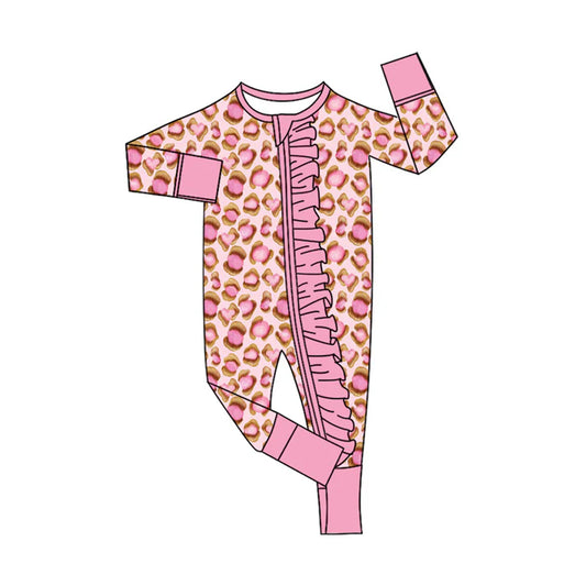 Preorder(moq 5)Baby Girls Pink Leopard Ruffle Zipper Footie Rompers 8.30