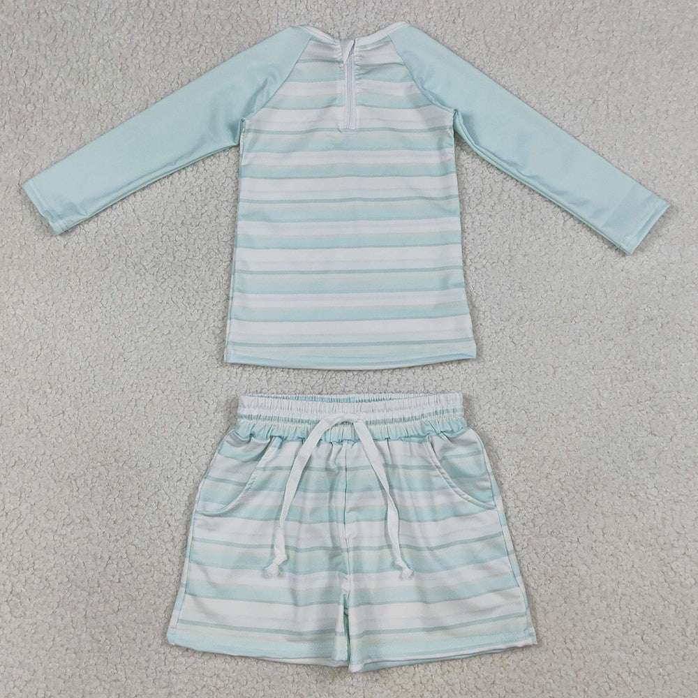 Baby Boys Swimsuits Aqua Stripe Top Pockets Shorts Swimsuits Clothes Sets S0649