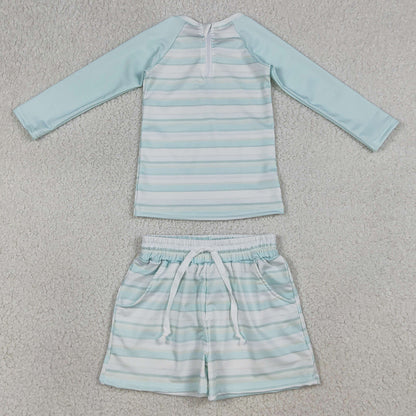 Baby Boys Swimsuits Aqua Stripe Top Pockets Shorts Swimsuits Clothes Sets S0649