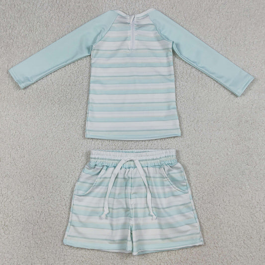Baby Boys Swimsuits Aqua Stripe Top Pockets Shorts Swimsuits Clothes Sets S0649