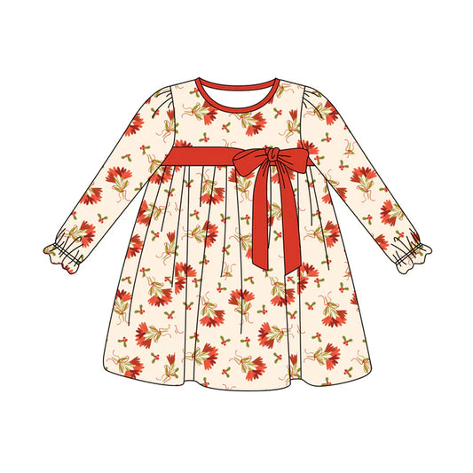 Preorder (moq 5)Baby Girls Long Ruffle Sleeves Red Bows Leaves Knee Length Dresses 5.29