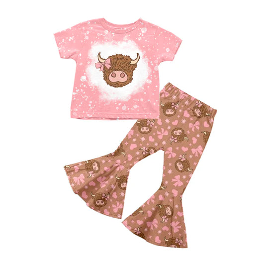 Preorder (moq 5)Baby Girls Pink Short Sleeves Highland Cow Top Khaki Bell Bottom Pant Set 5.12