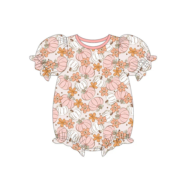 Preorder (moq 5)Baby Girls Short Ruffle Sleeves Pink Pumpkin Flowers Rompers 5.26