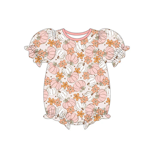 Preorder (moq 5)Baby Girls Short Ruffle Sleeves Pink Pumpkin Flowers Rompers 5.26