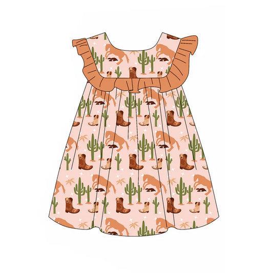 Preorder (moq 5)Baby Girls Pink Ruffle Sleeveless Cactus Boots Knee Length Dress 4.26