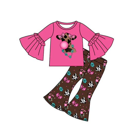 preorder(moq 5) Baby Girls Bell Sleeves Cows Flowers Top Flare Pants Set 7.25