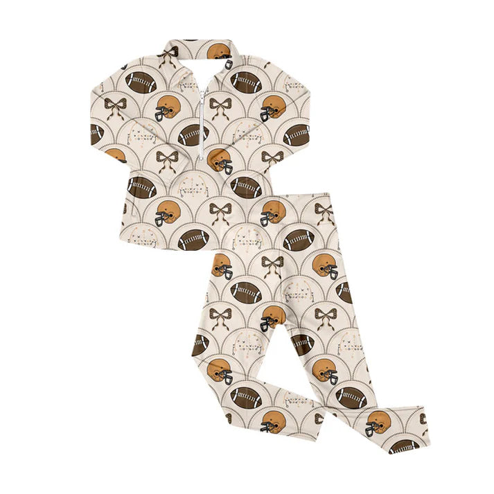 Preorder (moq 5)Baby Boys Footballs Bows Checked Zipper Pullover Leggings Team Clothes Sets 9.3