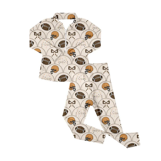 Preorder (moq 5)Baby Boys Footballs Bows Checked Zipper Pullover Leggings Team Clothes Sets 9.3