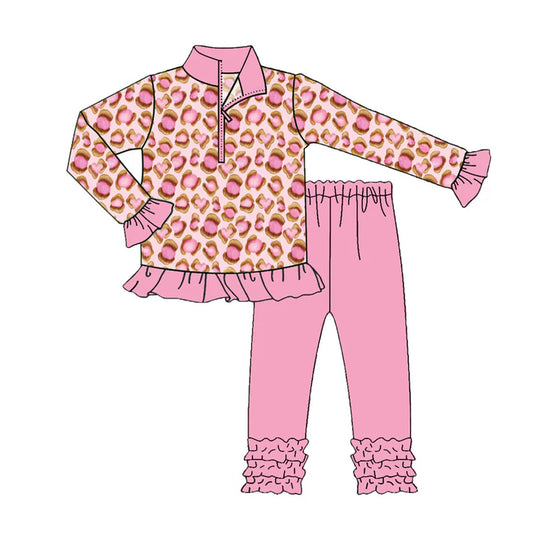 Preorder (moq 5)Baby Girls Pink Leopard Zipper Pullovers Ruffle Leggings Clothes Set 8.30