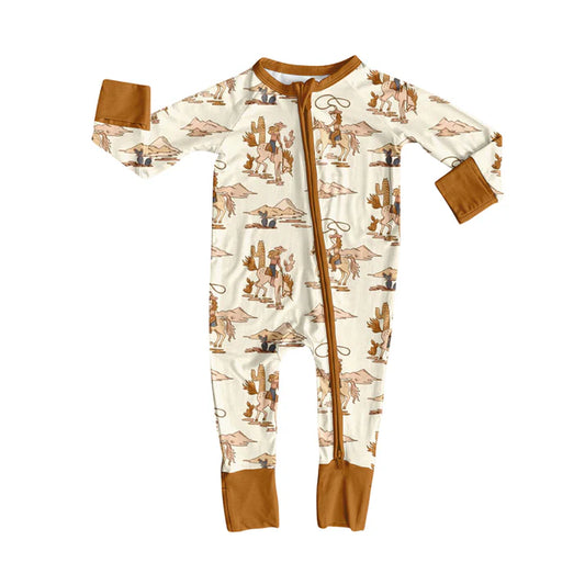 Preorder moq 5 Baby Infant Boys Long Sleeves Horse Rodeos Cactus Plaid Zipper Romper 7.15