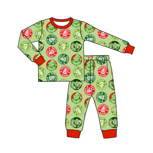 Preorder(moq 5) Baby Boys Long Sleeves Green Faces Blend Plaid Top Pants Pajamas Set 7.23