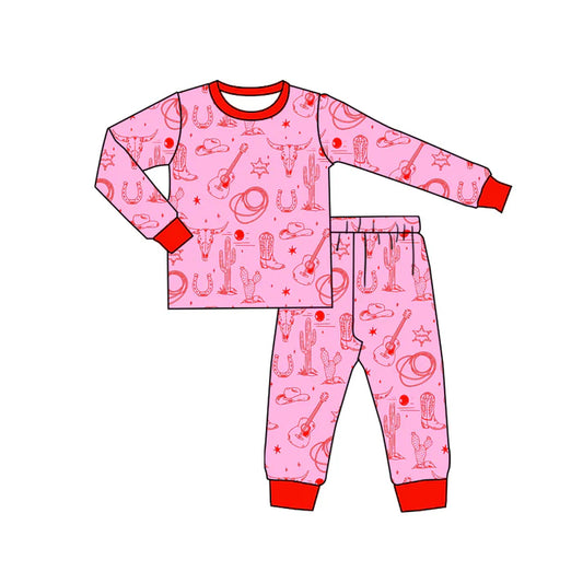 Preorder (moq 8)Baby Kids Long Sleeve Bull Skulls Cactus Top Pants Western Pajamas Sets 9.19
