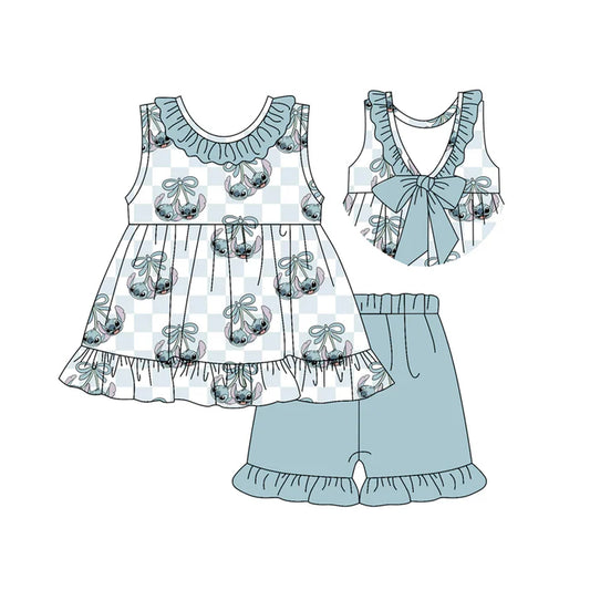 Preorder moq 5 Baby Girls Sleeveless Cartoon Bunny Bows Tunic Blue Ruffle Short Set 4.17