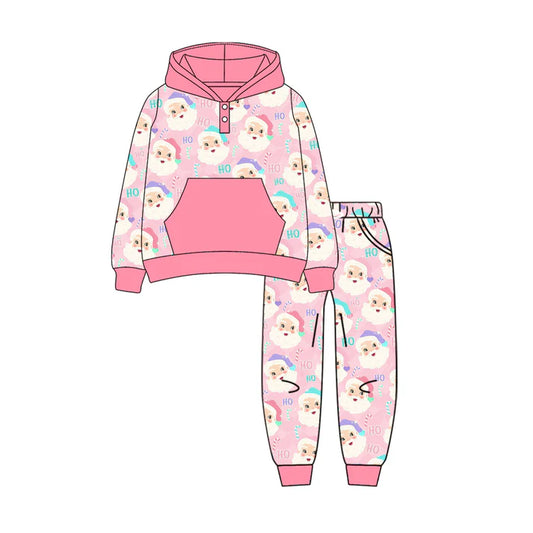 Preorder (moq 5)Baby Girls Pink Long Sleeves Santa Button Pocket Hoodies Pant Set 6.17