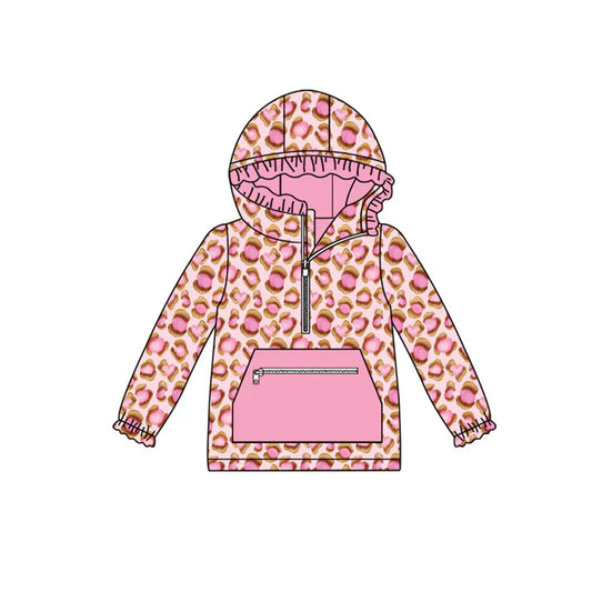 Preorder(moq 5)Baby Girls Pink Leopard Pockets Zipper Hoodie Tops 8.30
