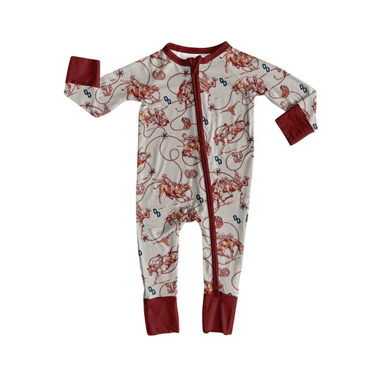 Preorder moq 5 Baby Infant Boys Long Sleeves Red Horse Rodeos Bull Skull Zipper Romper 7.15