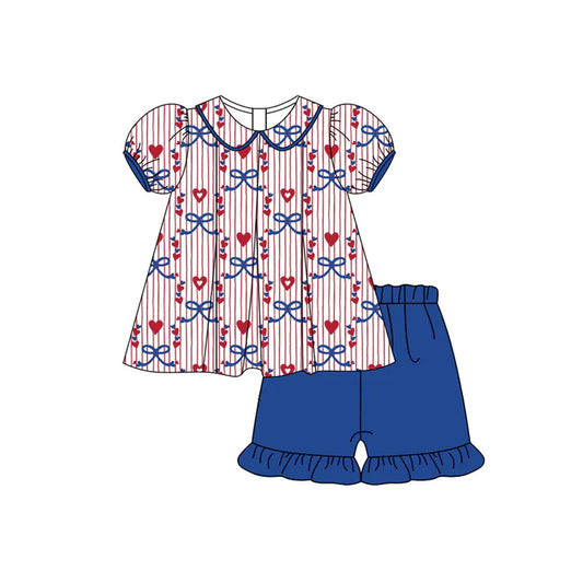Preorder moq 5 Baby Girls Short Ruffle Sleeves Bows Hearts Stripe Tunic Navy Ruffle Short Set 4.17