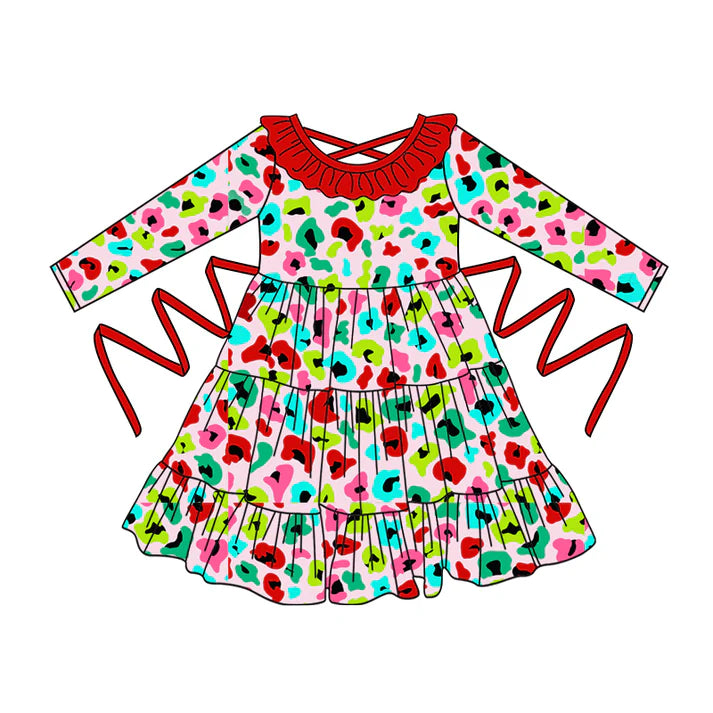 Preorder moq 5 Baby Girls Long Sleeves Colorful Leopard With Belt Ruffle Knee Length Dresses 5.2