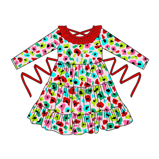 Preorder moq 5 Baby Girls Long Sleeves Colorful Leopard With Belt Ruffle Knee Length Dresses 5.2