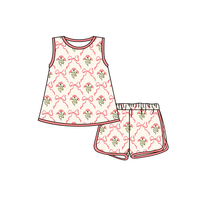 Preorder moq 5 Baby Girls Sleeveless Pink Bows Flowers Tunic Short Set 4.17