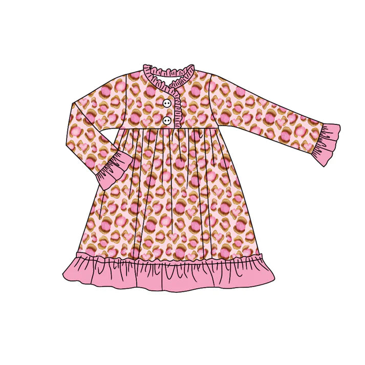 Preorder (moq 5)Baby Girls Pink Leopard Button Ruffle Knee Length Dresses 8.30