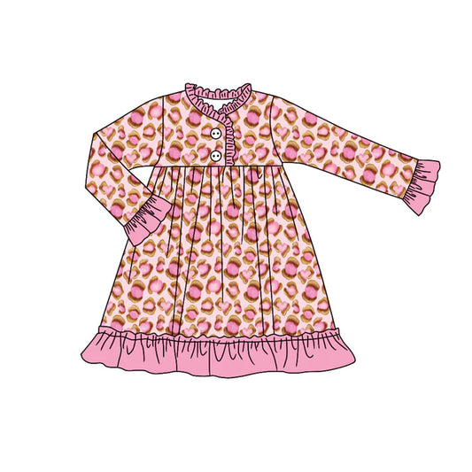 Preorder (moq 5)Baby Girls Pink Leopard Button Ruffle Knee Length Dresses 8.30