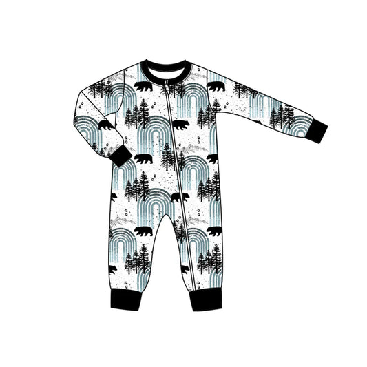 Preorder moq 5 Baby Infant Boys Long Sleeves Black Bears Trees Plaid Zipper Romper 7.15