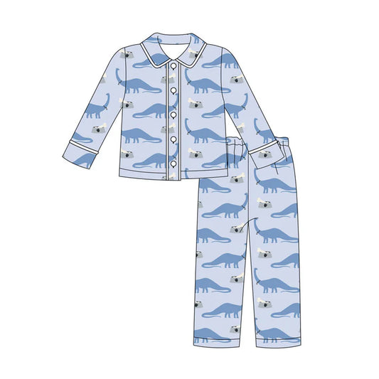 Preorder (moq 8)Baby Boys Blue Dinosaurs Button Top Pants Western Pajamas Sets 9.6