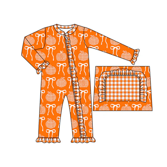 Preorder moq 5 Baby Infant Girls Long Sleeves Orange Pumpkins Bows Ruffle Zipper Romper 7.14