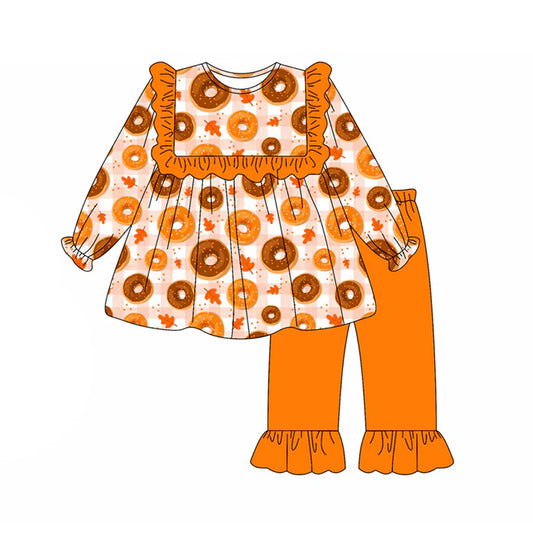 Preorder (moq 5)Baby Girls Long Sleeves Orange Plaid Donuts Tunic Ruffle Pant Set 5.21