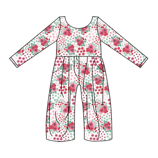Preorder (moq 8)Baby Girls Long Sleeve Hearts Flowers Pockets Jumpsuits 9.12