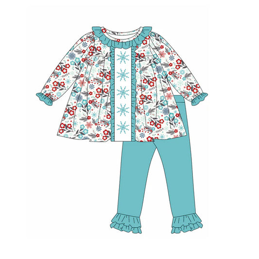 Preorder (moq 5)Baby Girls Long Sleeves Blue Red Snowflake Flowers Tunic Ruffle Pant Set 5.19