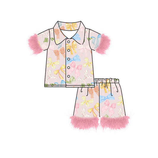 Preorder (moq 8)Baby Girls Colorful Bows Button Top Shorts Valentine Fur Pajamas Sets 9.17