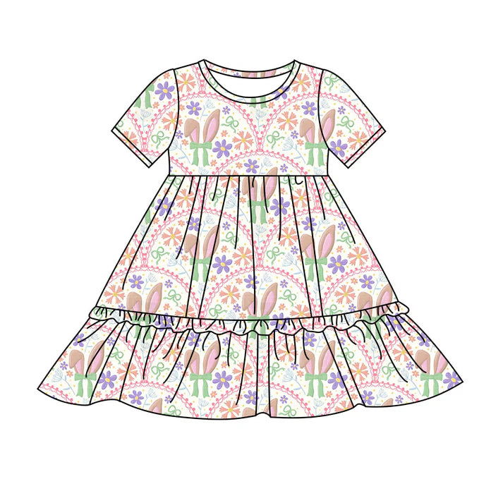 Preorder(moq 8)Baby Girls Colorful Flowers Rabbits Checked Easter Ruffle Knee Length Dresses 9.25