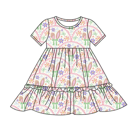 Preorder(moq 8)Baby Girls Colorful Flowers Rabbits Checked Easter Ruffle Knee Length Dresses 9.25