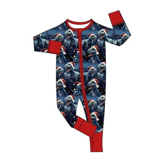 Preorder (moq 5)Baby Boys Hats Dinosaurs Trees Christmas Navy Zipper Footie Rompers 9.4