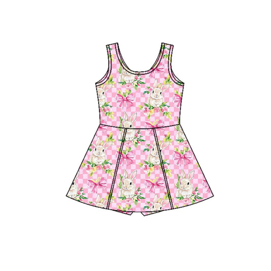 Preorder (moq 5)Baby Girls Pink Checked Flowers Rabbits Shorts Easter Knee Length Dresses 12.27