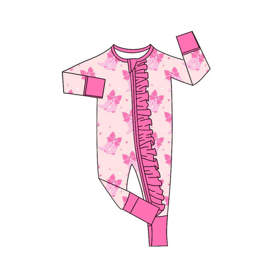 Preorder (moq 8)Baby Girls Pink Bows Boots Ruffle Zipper Footie Rompers 9.22