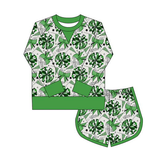 Preorder(moq 8)Baby Girls Green Bows Go Footballs Long Sleeve Top Shorts Team Clothes Set 9.27