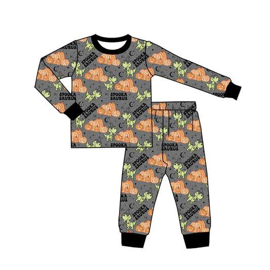 Preorder (moq 5)Baby Boys Gray Long Sleeves Dogs Floral Pumpkins Top Pant Pajamas Set 5.27