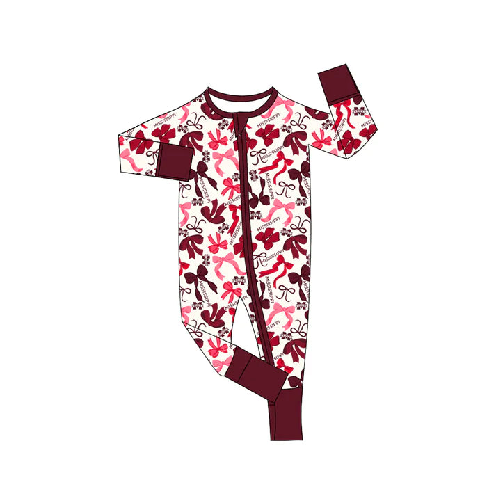 Preorder(moq 5)long sleeves M maroon bows baby team zip romper 8.22